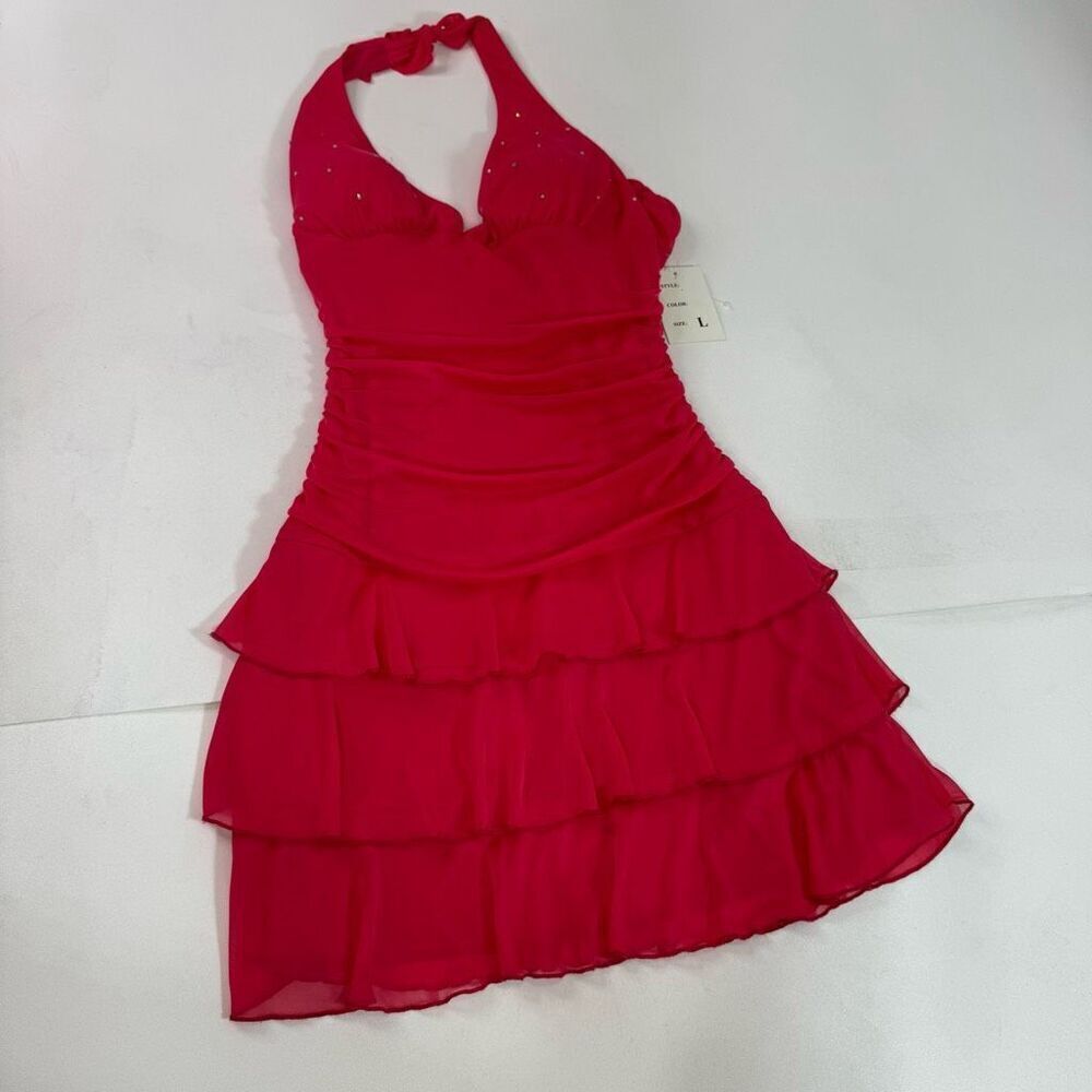 Taboo Mini‎ Dress Womens Large Pink Halter Gemstones Y2K Stretch Tiered Ruffle